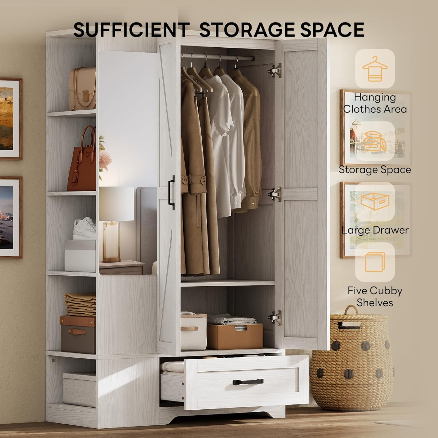 LIKIMIO Armoire Wardrobe Closet 70 Inches, Large Storage with Mirror, 2 Doors, Drawer, and Shelves, Modern Bedroom Freestanding Wooden Wardrobe Combination with Hanging Rail, White - Image 5