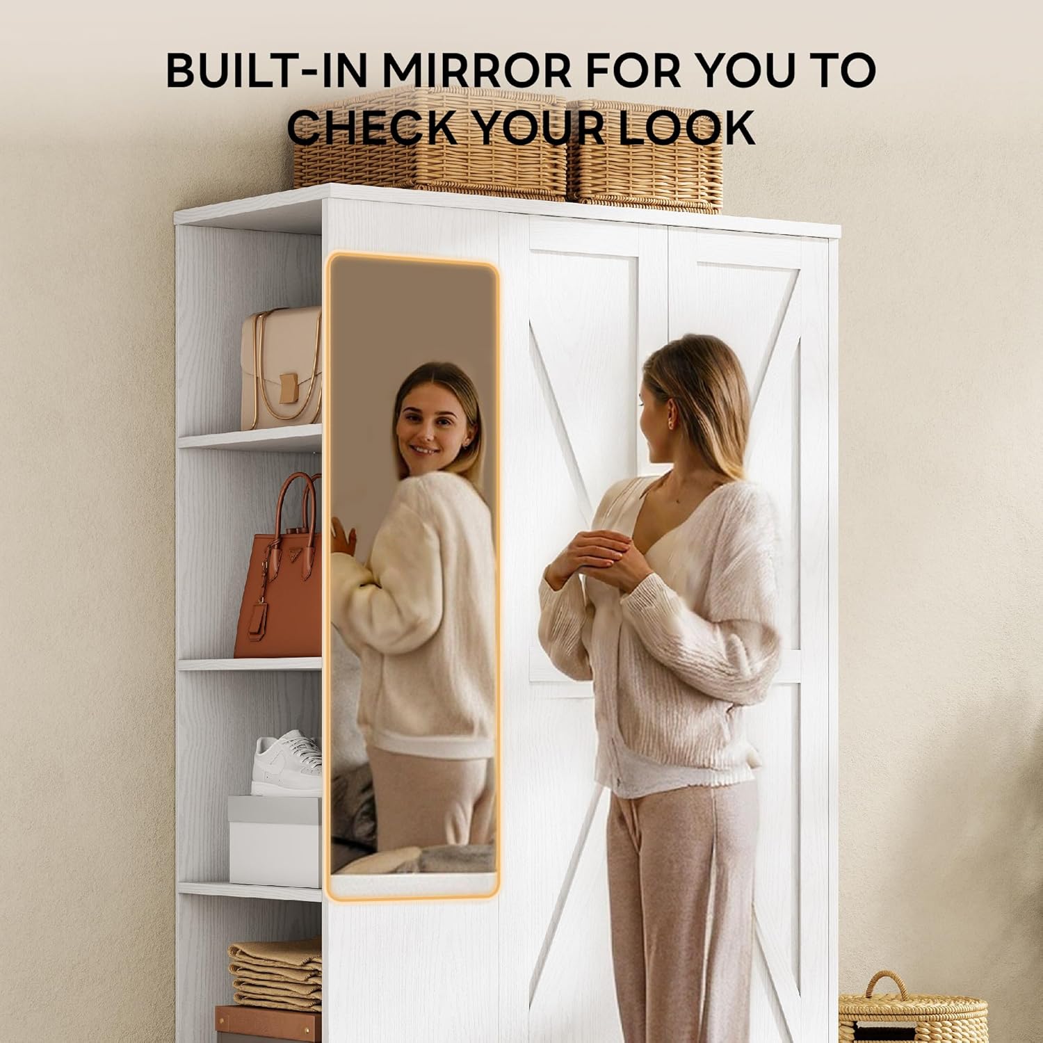LIKIMIO Armoire Wardrobe Closet 70 Inches, Large Storage with Mirror, 2 Doors, Drawer, and Shelves, Modern Bedroom Freestanding Wooden Wardrobe Combination with Hanging Rail, White - Image 6