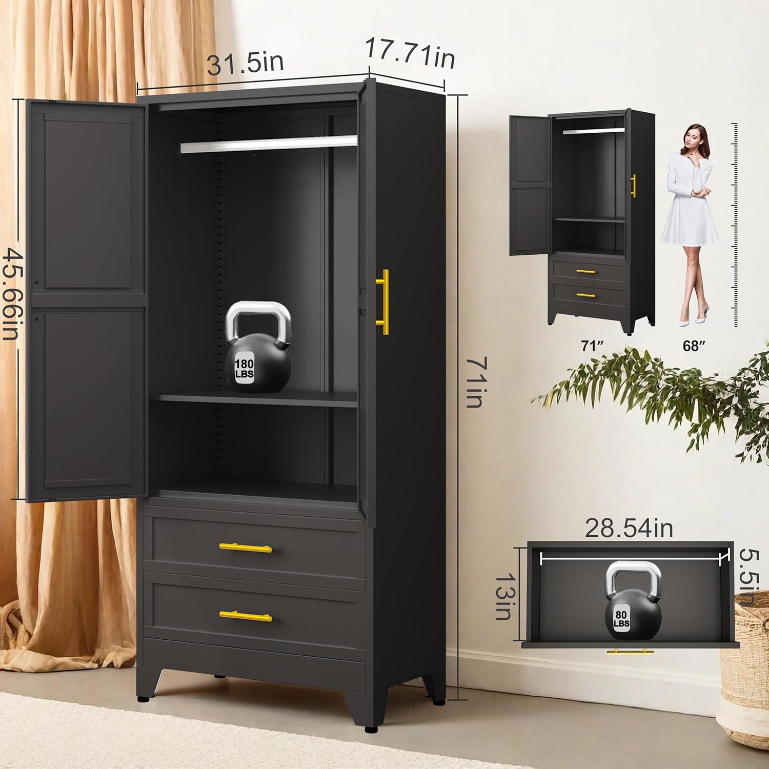 Steel Armoire Wardrobe Closet, 71" Metal Clothing Storage Cabinets with 2 Doors, 1 Adjustable Shelf and 2 Drawers, Metal Wardrobe Cabinet with Hanging Rod for Bedroom, Gym, Cloak Room (Black) - Image 2