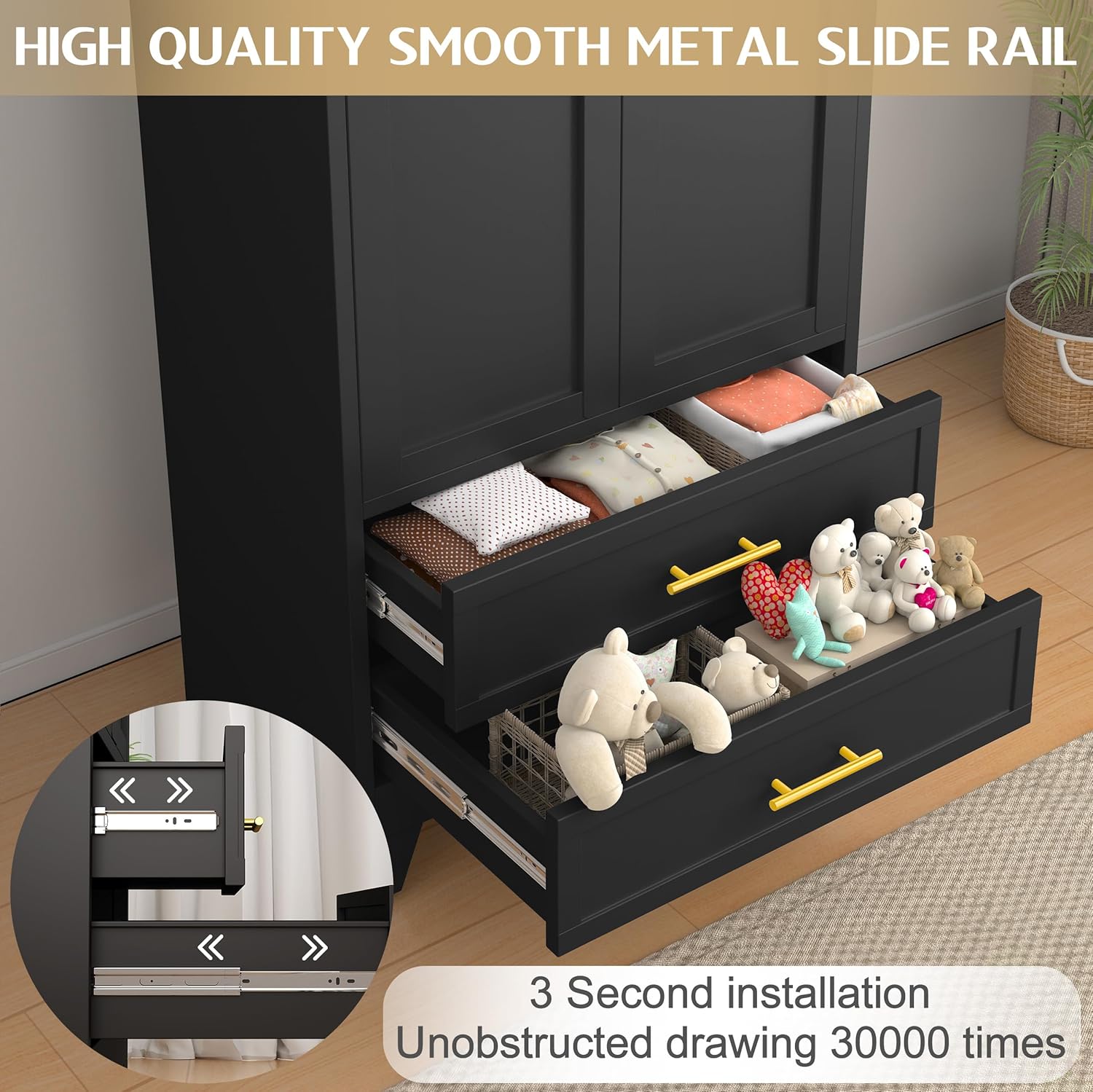 Steel Armoire Wardrobe Closet, 71" Metal Clothing Storage Cabinets with 2 Doors, 1 Adjustable Shelf and 2 Drawers, Metal Wardrobe Cabinet with Hanging Rod for Bedroom, Gym, Cloak Room (Black) - Image 4