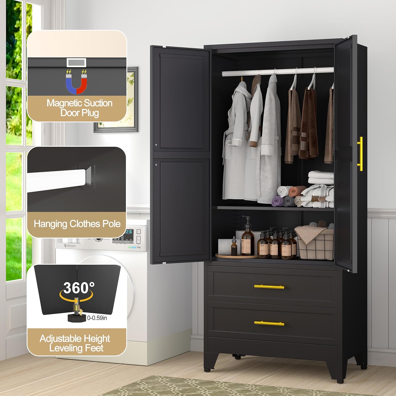 Steel Armoire Wardrobe Closet, 71" Metal Clothing Storage Cabinets with 2 Doors, 1 Adjustable Shelf and 2 Drawers, Metal Wardrobe Cabinet with Hanging Rod for Bedroom, Gym, Cloak Room (Black) - Image 5