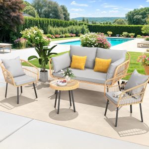 YITAHOME 4 Pieces Patio Furniture Set, Outdoor Wicker Bistro Set, All-Weather Rattan Patio Conversation Set with Loveseat Chairs Table Soft Cushions for Backyard, Pool, Deck, Garden - Grey